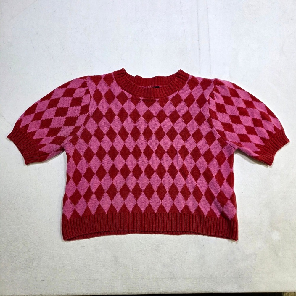 Forever 21 Sweater Womens Large Pink Red Argyle Short Sleeve Crop Knit Top 8000